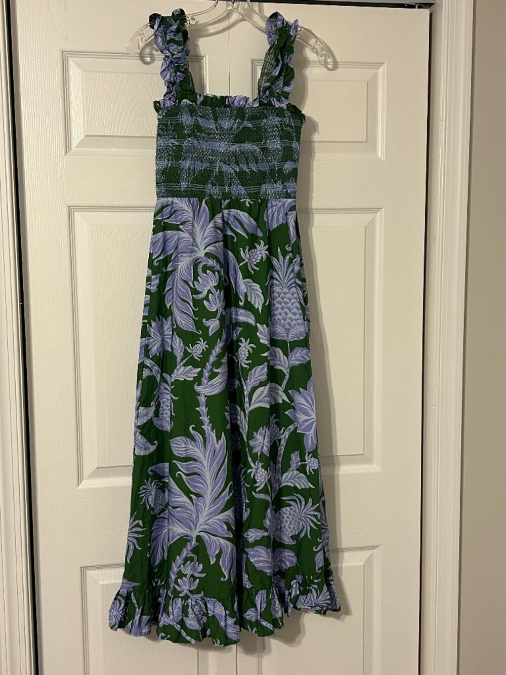 FARM RIO Sz S Blue Floral Tropical Swing Smocked Sleeveless Midi Dress